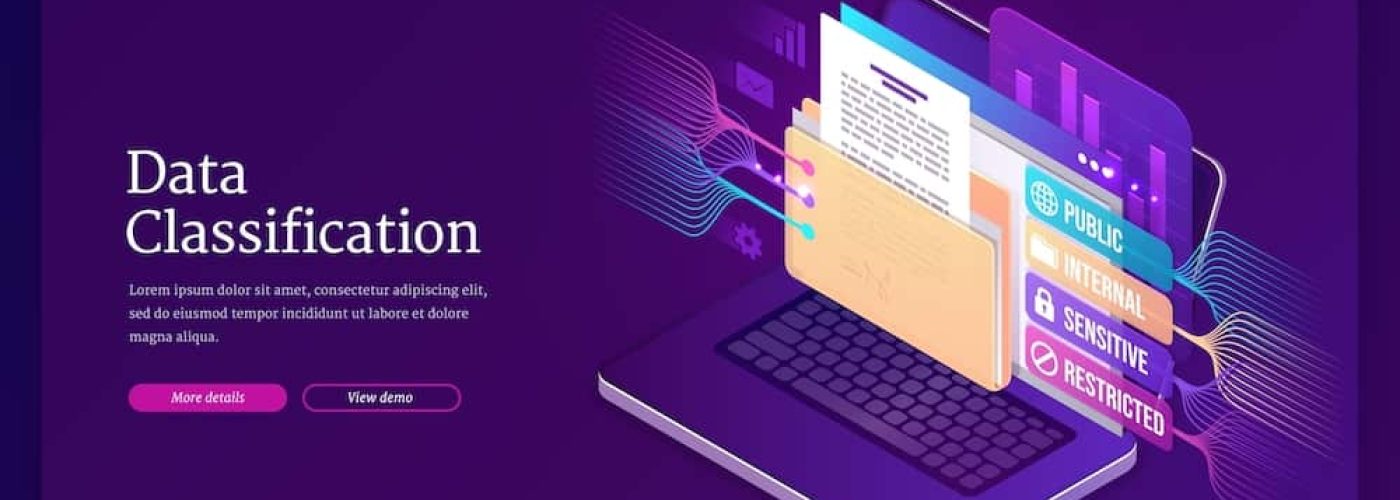 Data classification banner. Concept of sorting and organization information and documents on computer. Vector landing page of organize database with isometric laptop with folder